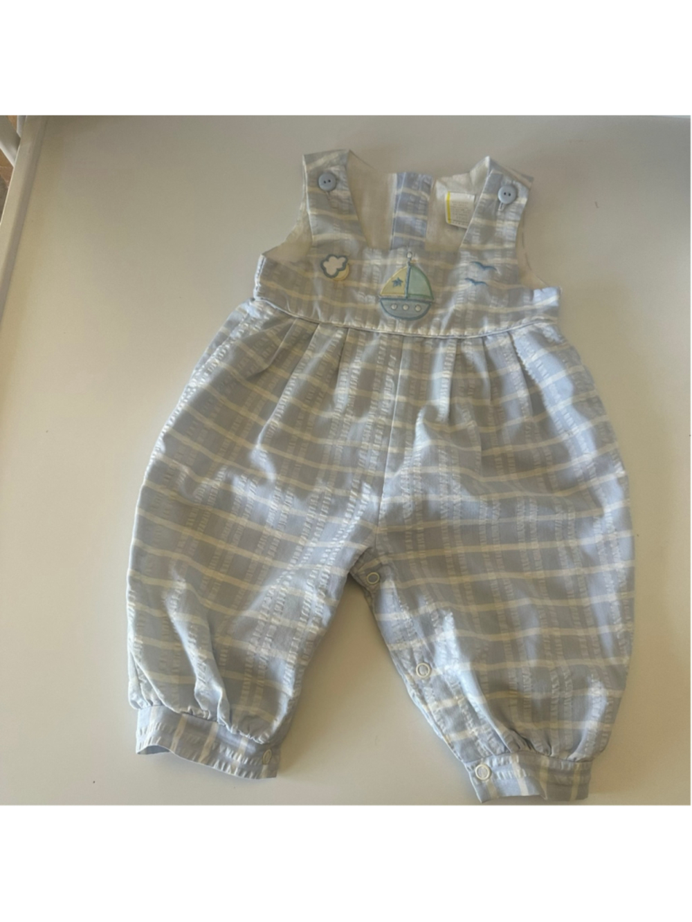 Vintage Baby Boy Sailboat Plaid Romper / Bubble Sunsuit (Size 3–6 Months)